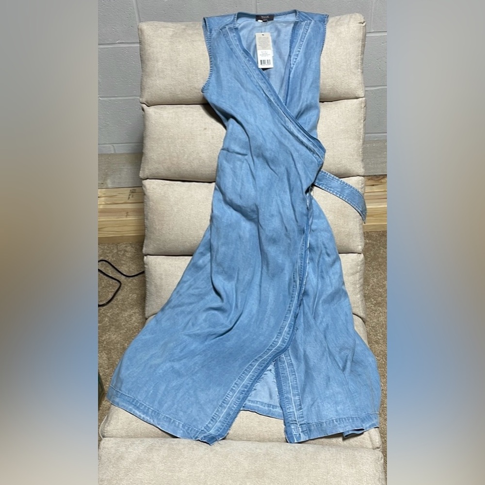 NWT NYDJ blue denim midi maxi long dress sleeveless wrap around pockets fit 0-4